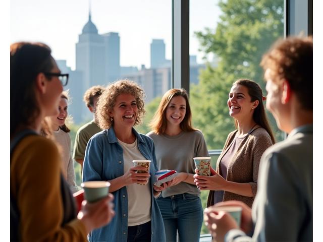 Diverse group of adults over 35 smiling and interacting in a light-filled modern community space, representing Boston wellness enthusiasts.
