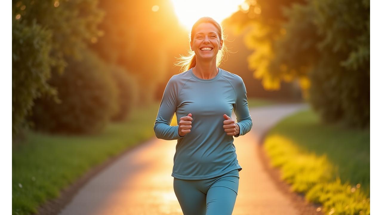 Woman running in park, symbolizing active aging and vitality, in soft morning light.