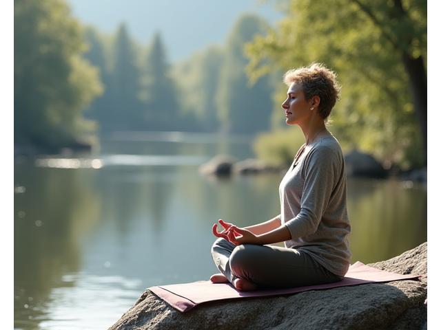 Person meditating in a serene outdoor setting, representing mental clarity.