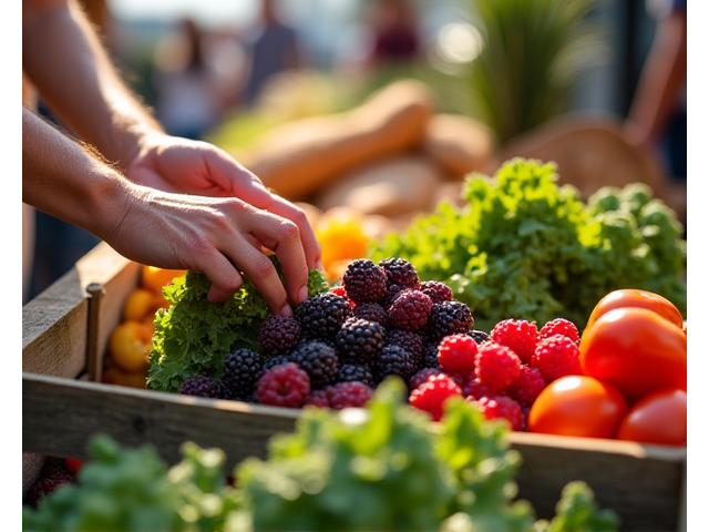 A person carefully selecting fresh produce at a farmer's market, emphasizing mindful nutrition.