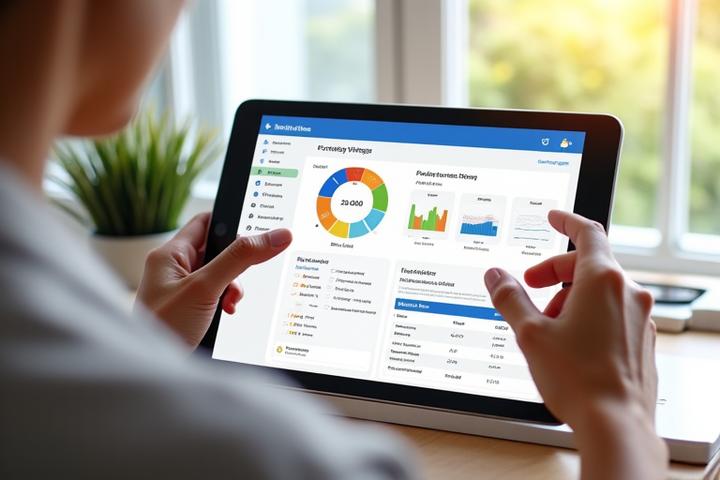 A dashboard on a tablet displaying screen time statistics and wellness recommendations, with a person's hands gently interacting with it, symbolizing control and mindfulness over digital usage. Natural light filters in.