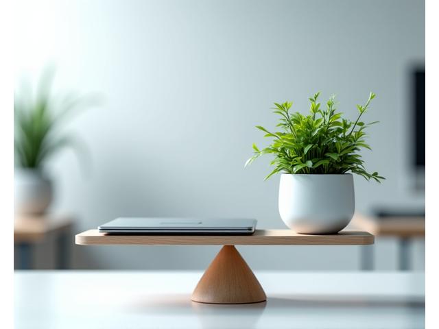 A balanced scale with a laptop on one side and a healthy plant on the other, symbolizing work-life harmony and effective technology boundaries. Soft office lighting, minimalist design, focused composition.