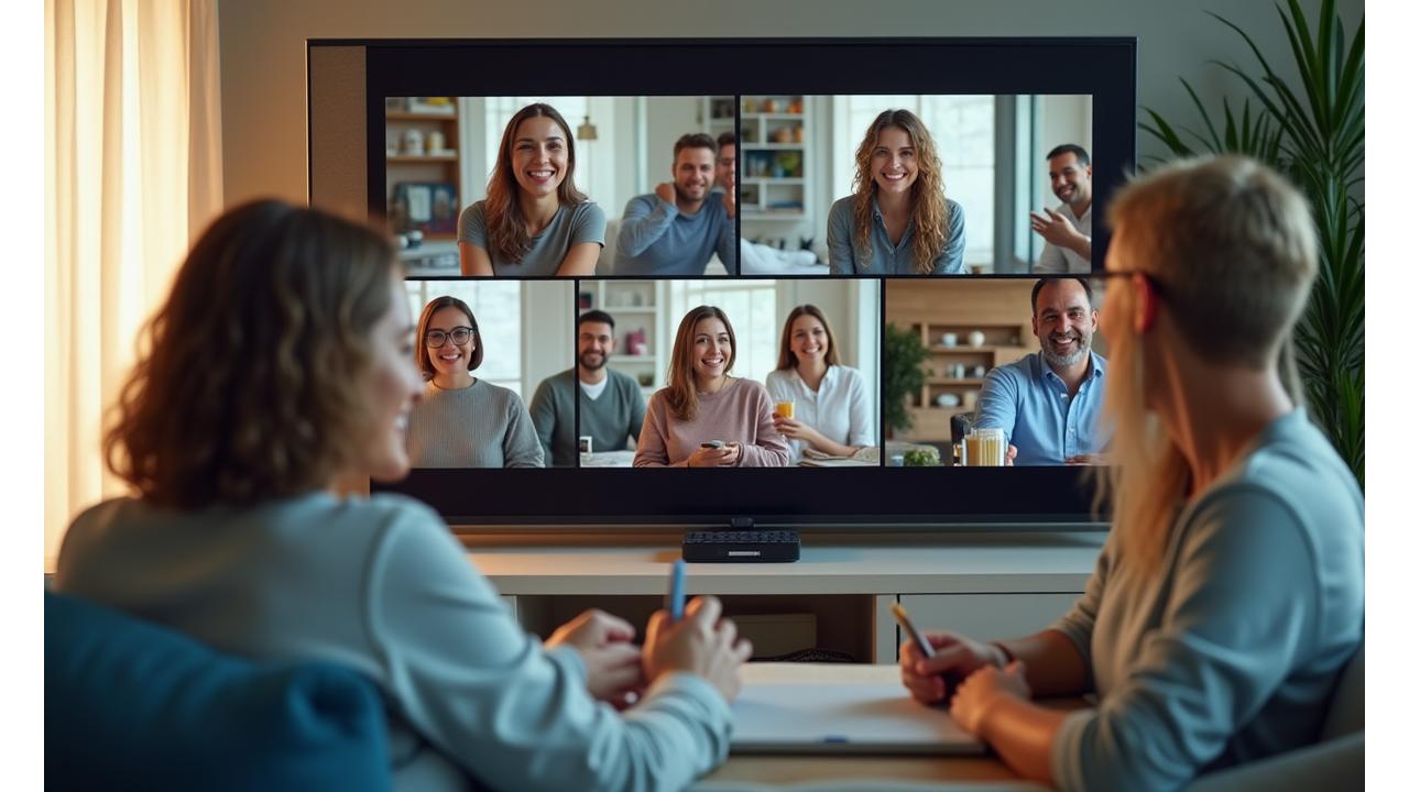 Diverse group of adults 35+ engaged in a lively online discussion during a wellness session, smiling and interacting.