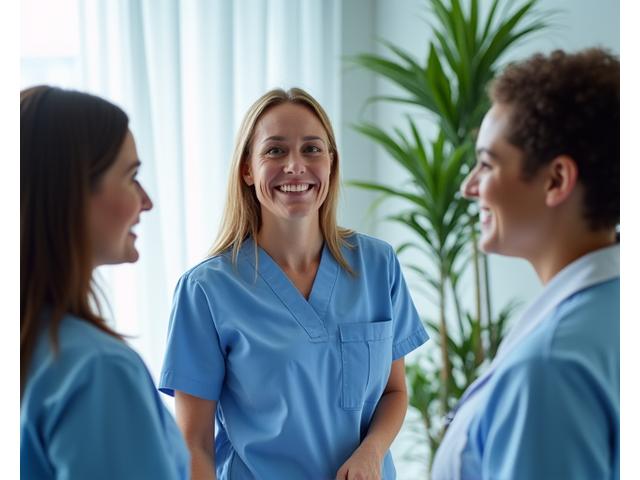 A diverse group of smiling, professional health experts (two women, one man) in a modern, light-filled office setting, signifying approachability and authority.