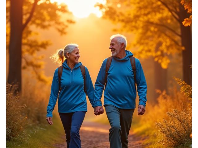 Energetic senior couple hiking together on a sunny trail, symbolizing active and vibrant aging.