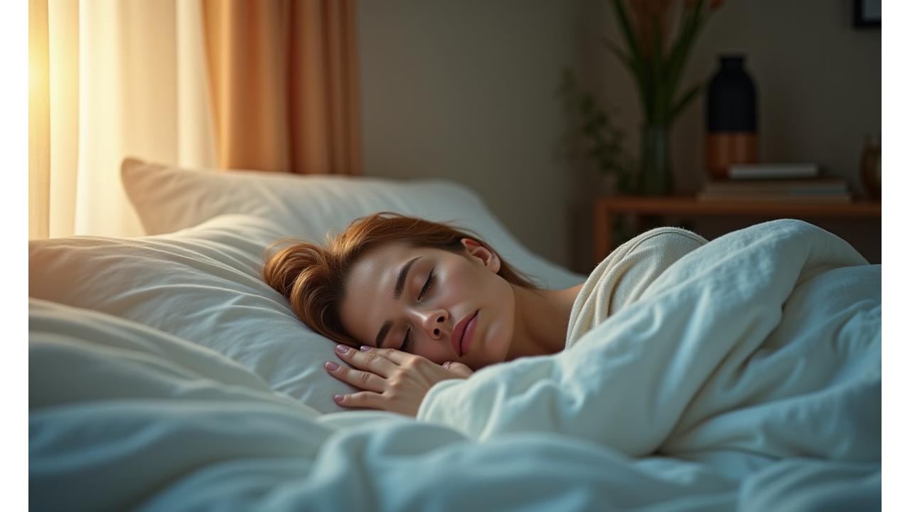 Calm, mature woman peacefully sleeping in a cozy, optimized bedroom environment through a soft, dreamy lens, suggesting rejuvenation and well-being.